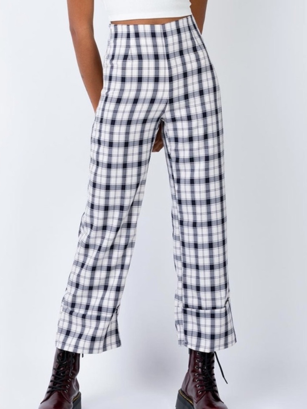 Princess Polly White & Navy Plaid High-Waist Wide-Leg Pants